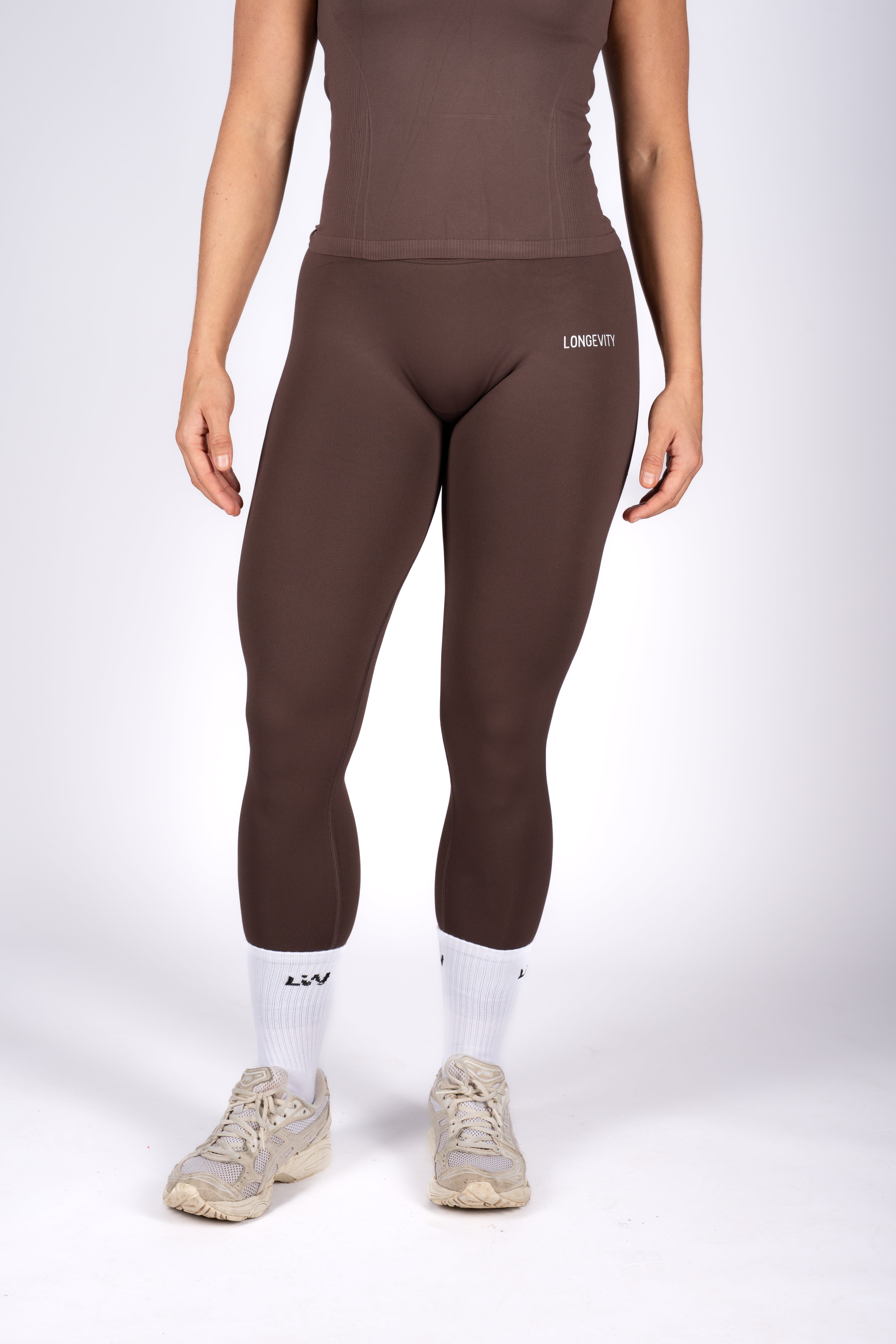 soft brown high-waisted leggings front view