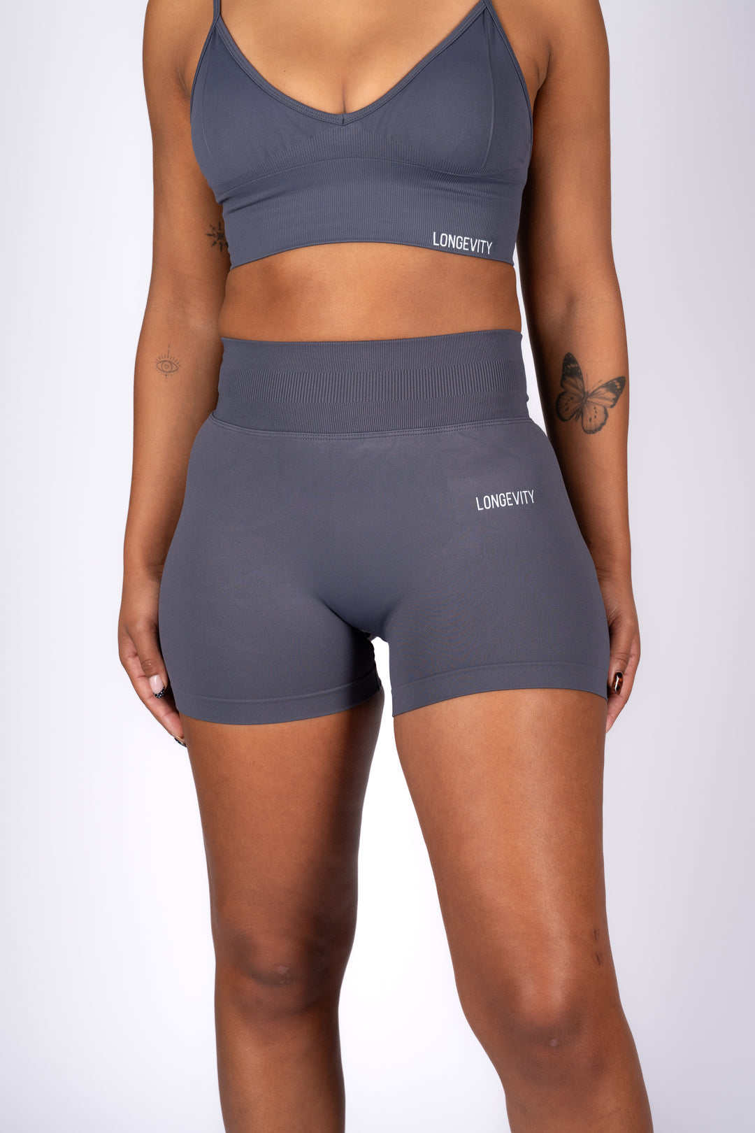 Soft blue seamless gym shorts close-up texture