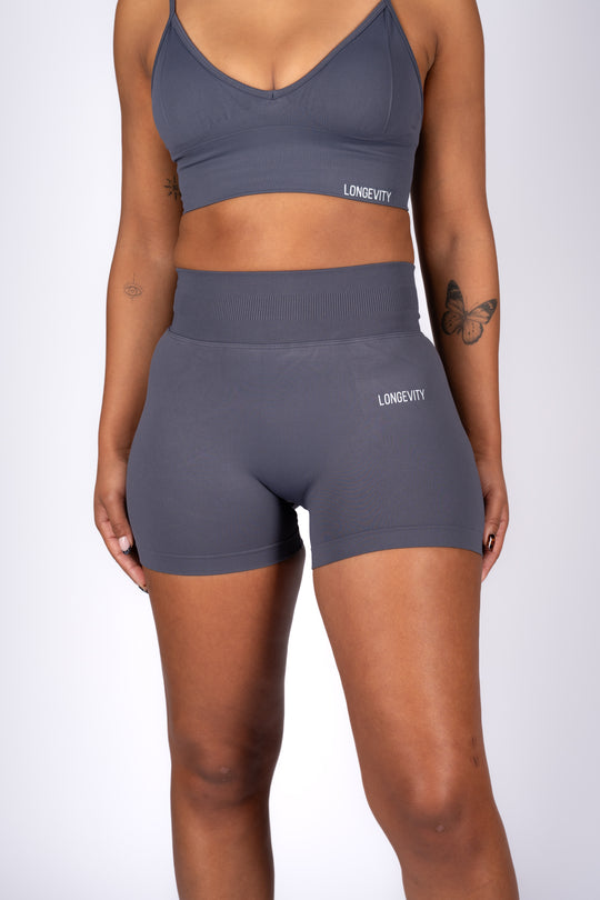 Soft blue seamless gym shorts close-up texture