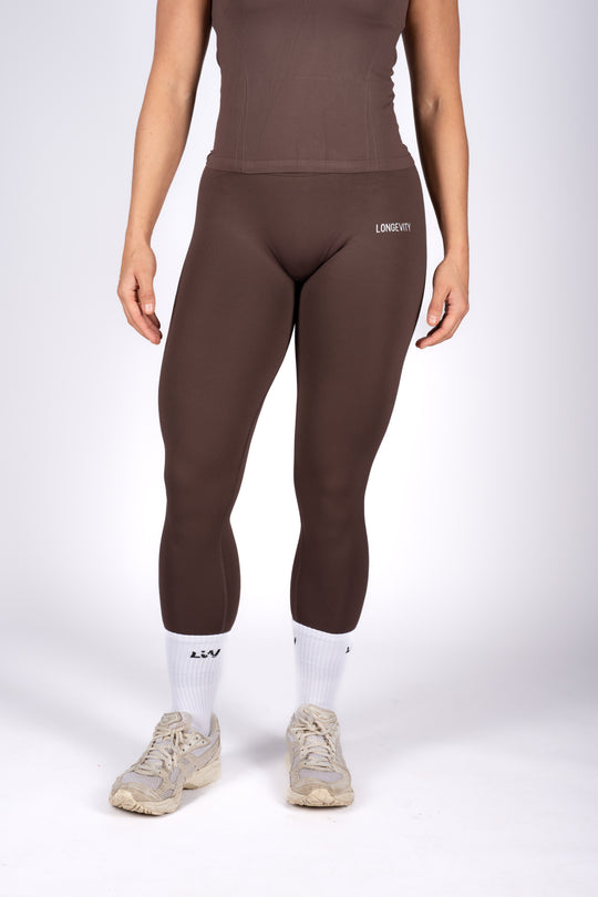 soft brown high-waisted leggings front view