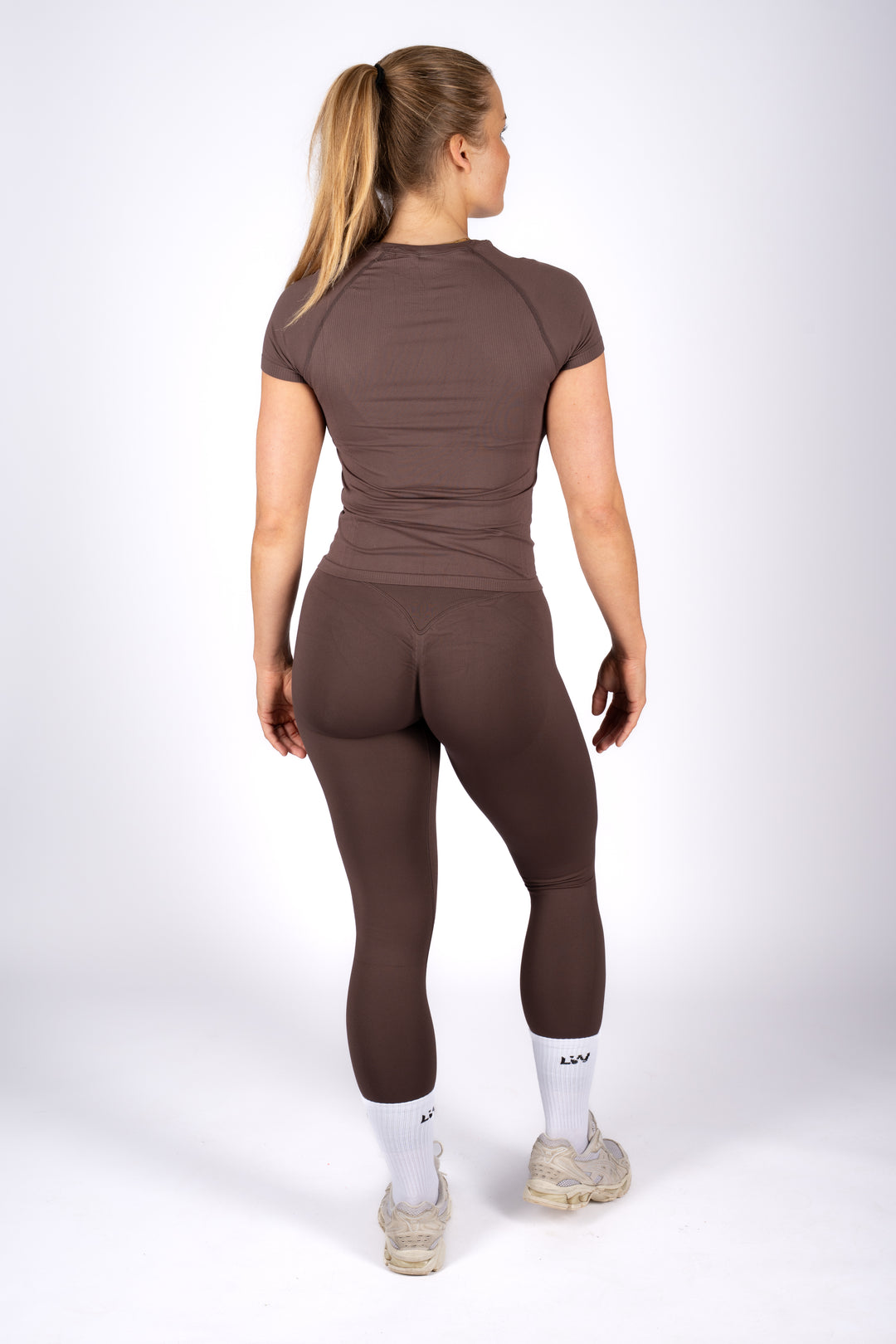 soft brown high-waisted leggings back view
