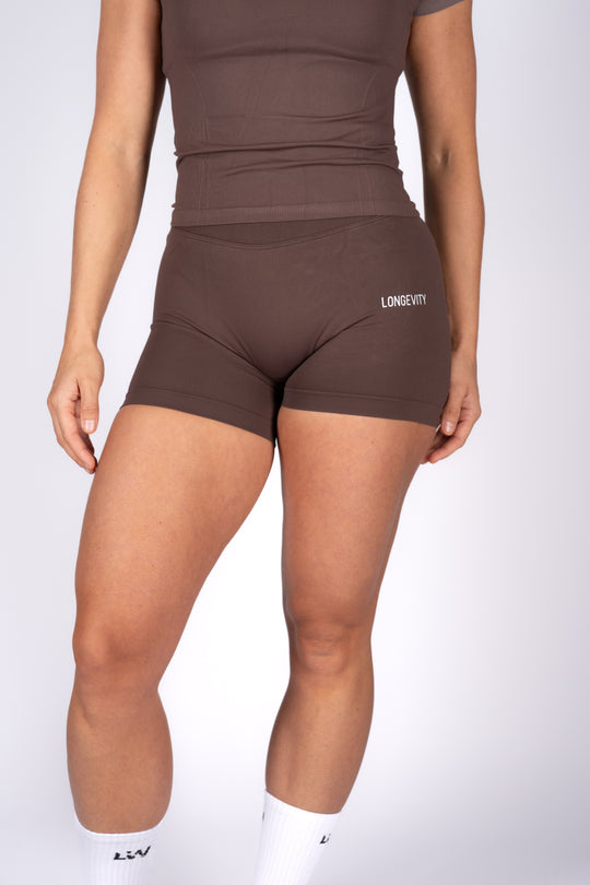 soft brown high-waisted shorts front view