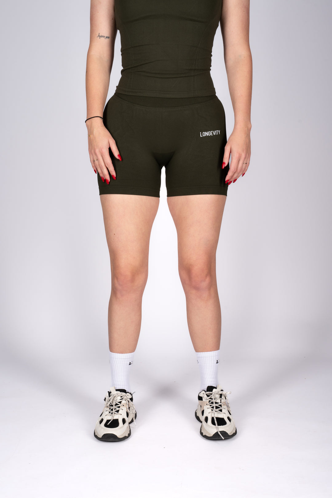 soft army green shorts high waist front view