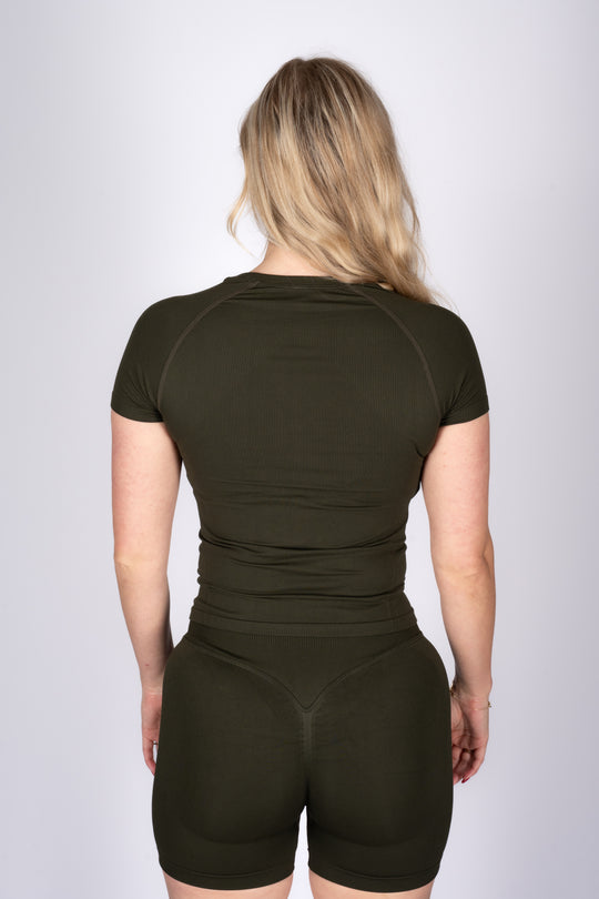 soft army green t-shirt minimal design back view