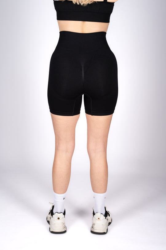 Women’s black workout shorts flat lay
